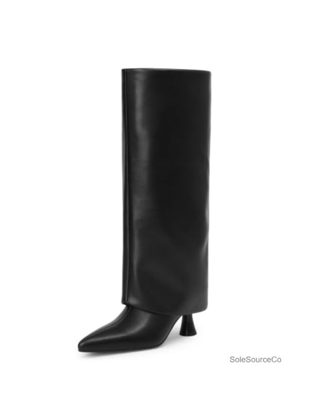 Fold Over Knee High Boots Kitten Heel Pointed Toe Faux Leather Slouchy